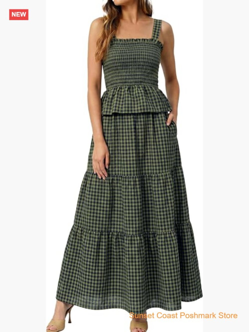 2 Piece Gingham Skirt Set with Tank Top and Maxi Skirt with Pockets